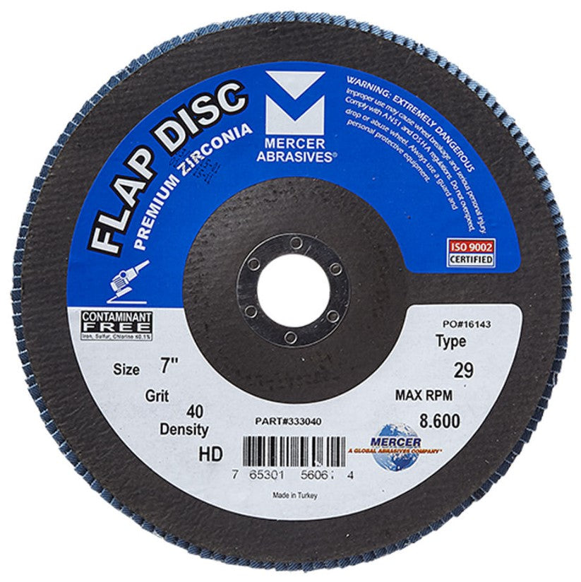 Flap Discs, Type 29 Zirconia High Density, 7'' x 5/8'', 40 Grit