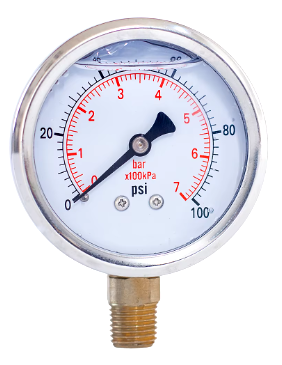 Pressure Gauge, Stainless Steel, Rimless Case, Brass Internals, Glycerin, 0-2.5 BAR 100mm